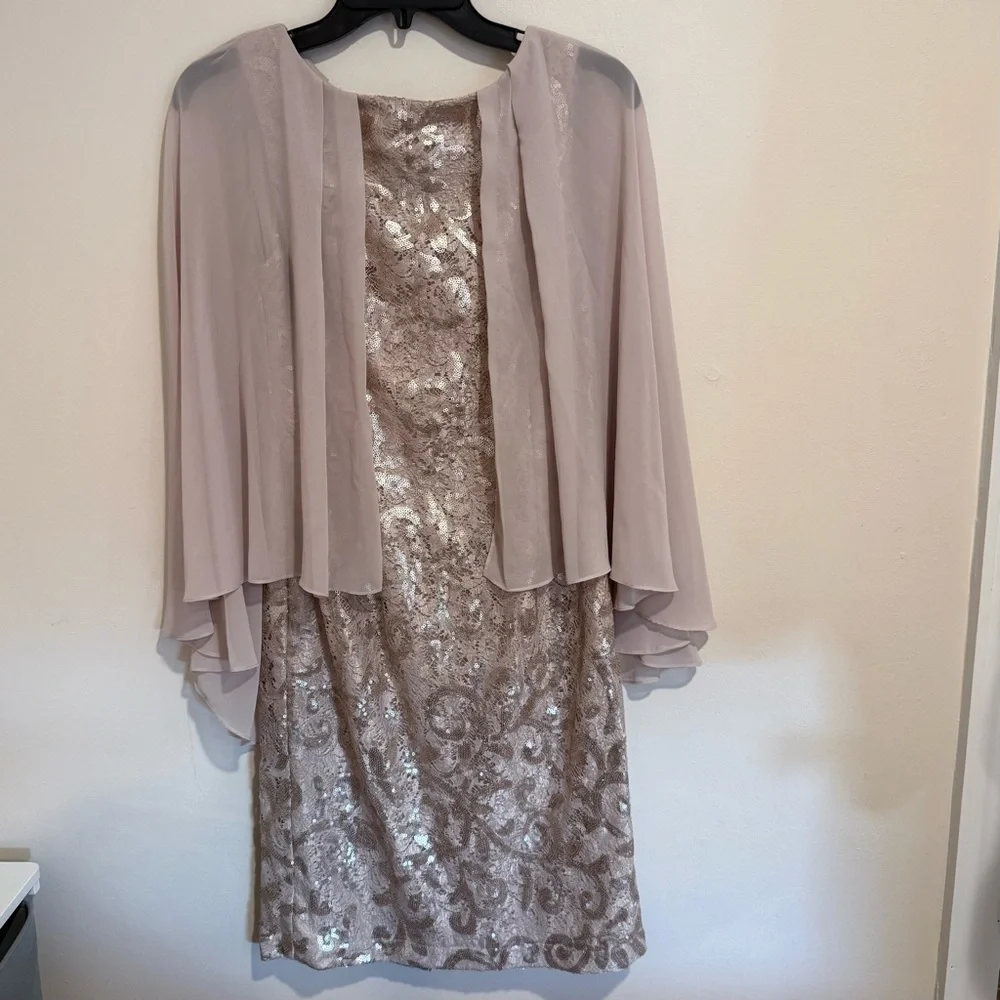 Alex Evenings Champagne Sequin Lace Chiffon Cape Sheath Dress size 6